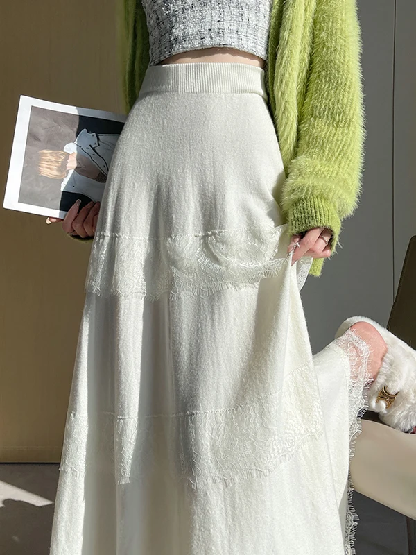 

Gentle Wind Lace Trim Knitted Skirt Women's Spring Autumn High Waist Hip Concealing A-Line Cake Skirt Wide Umbrella Skirt