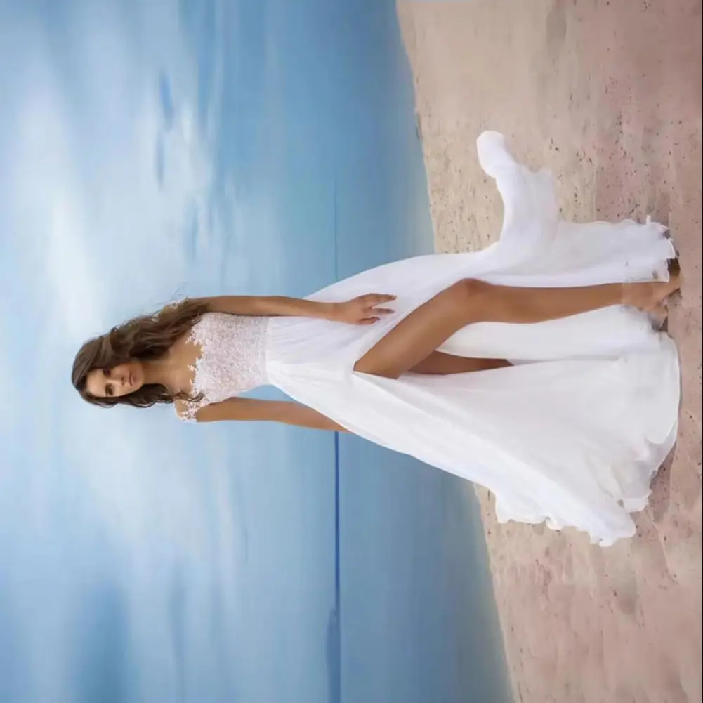 2025 Women White Bridesmaid Dress A-Line Boho Wedding Dresses Long Chiffon Slit Bridesmaid Dress Lace V-Neck Evening Gown