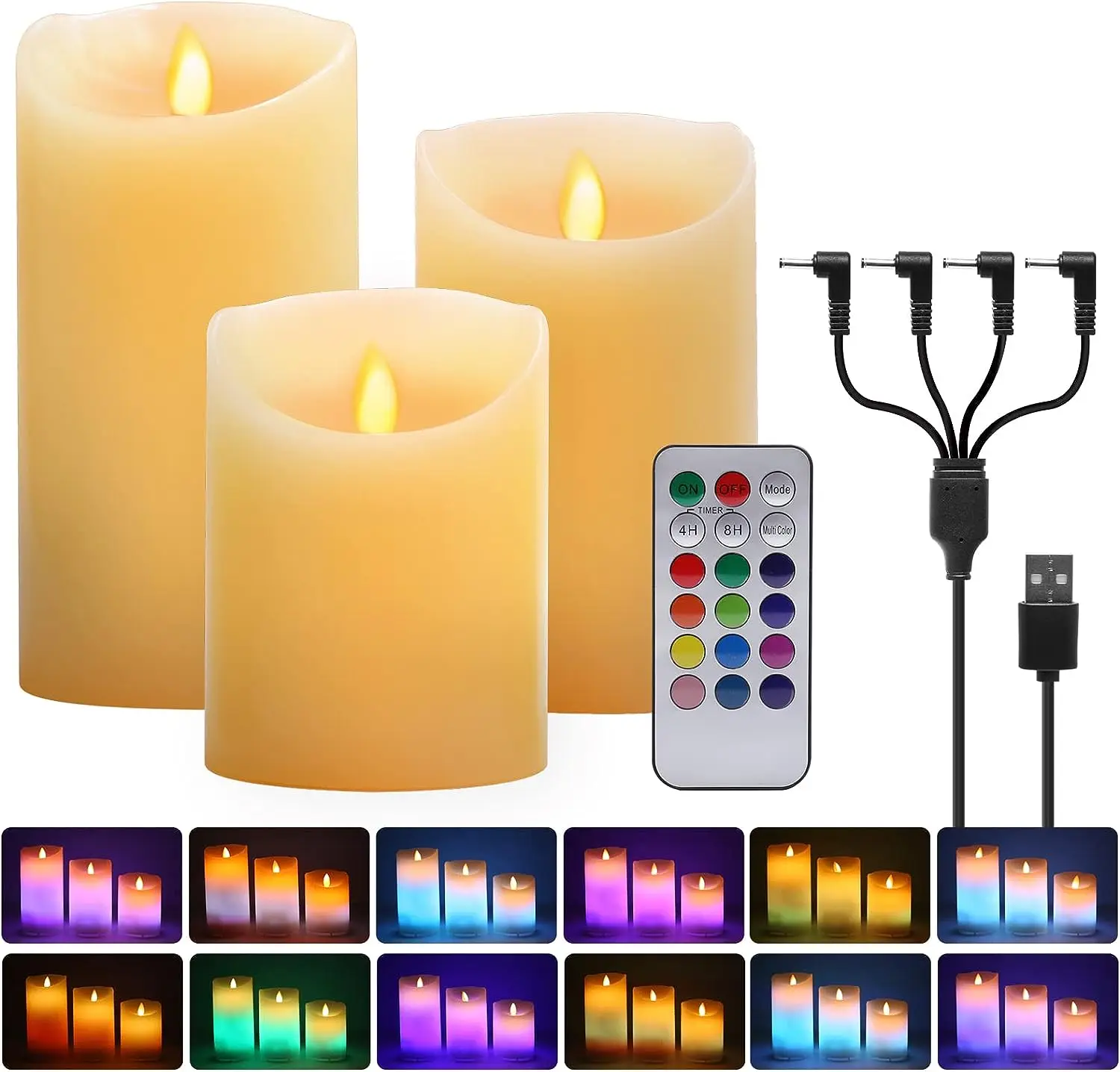 

USB Rechargeable Remote Controlled Flameless LED Pillar Candle Multicolor Paraffin Wax Electric RGB LED Candles Lamp Party Decor