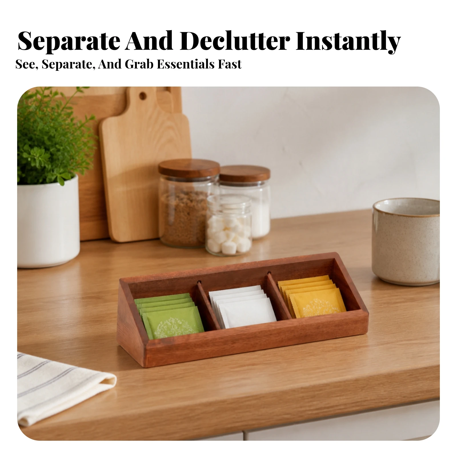 Business Card Holder with Dividers Natural Wooden Organizer Box Tea Bag Holder with Compartments Compact for Professionals