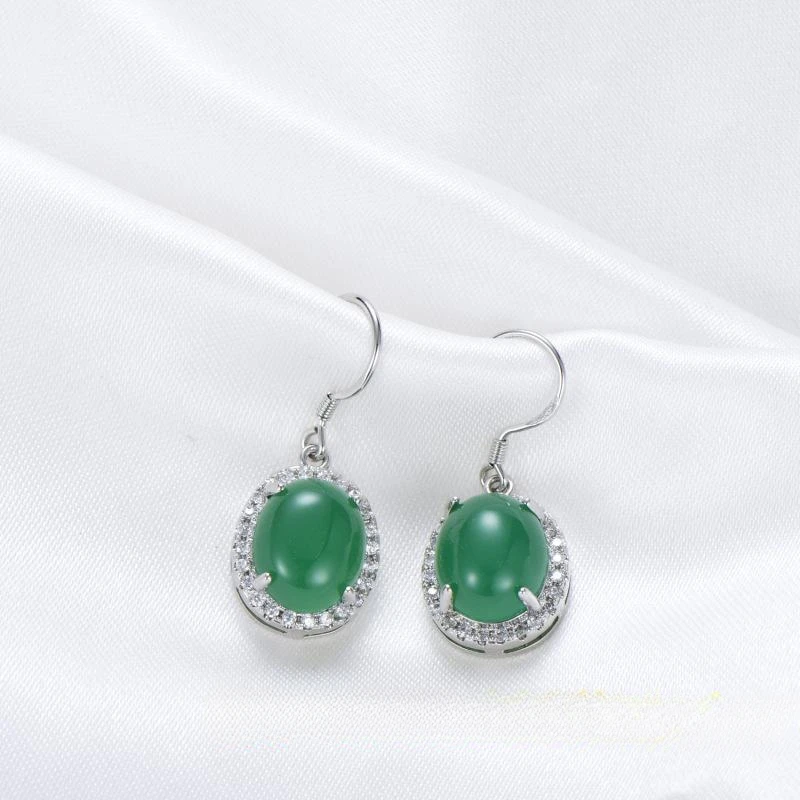 

Green Jade Earrings Women Zircon Fashion Gemstone Natural Amulet Chalcedony Gifts 925 Silver Charm Jewelry Crystal