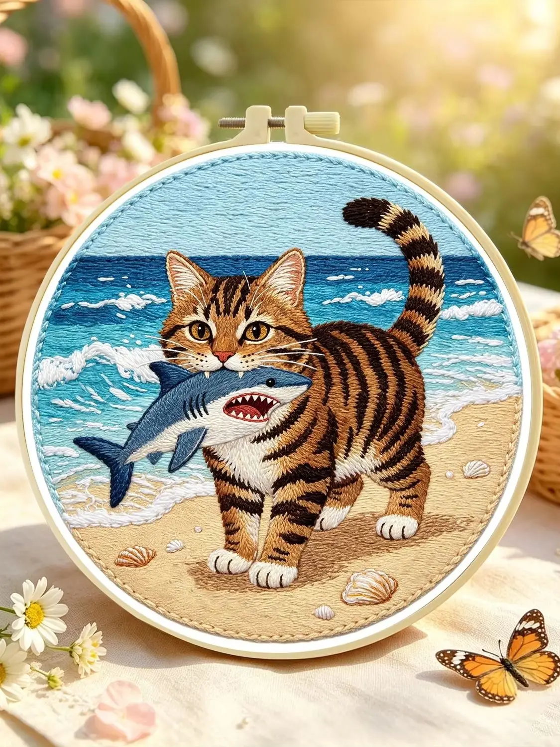 1 Set Strandkatze Hai DIY Stickerei-Set für Anfänger, Stickerei-Starter-Kit, Kreuzstich-Kunstgeschenk, Handarbeits-Bastelset – Detail 1