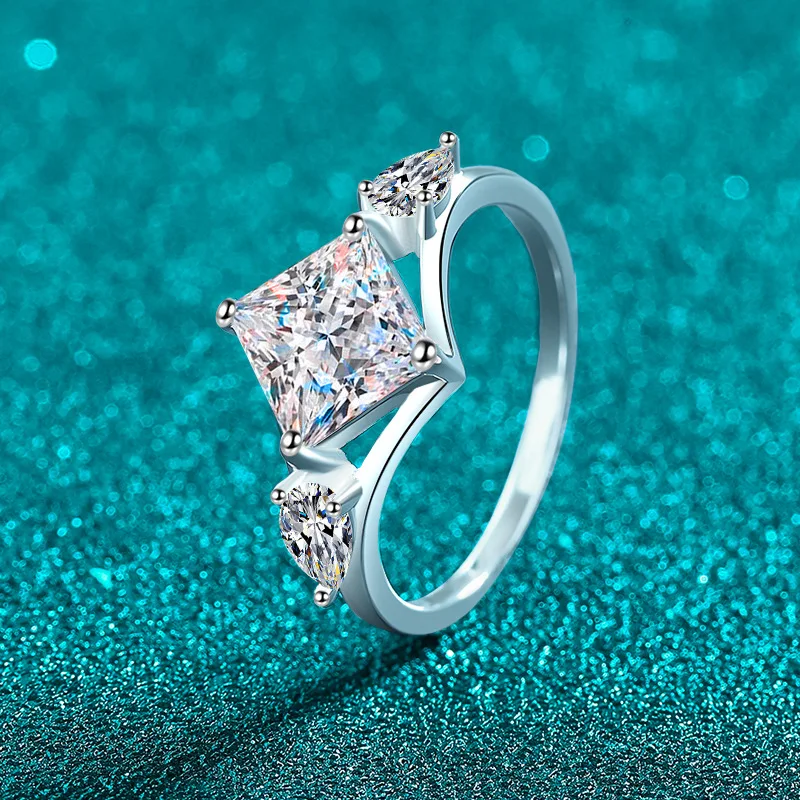 Fine Jewelry Platinum Pt950 2.7ct D Color Moissanite Ring for Women's Geometric Princess Ring Exquisite Temperament Girl Gift