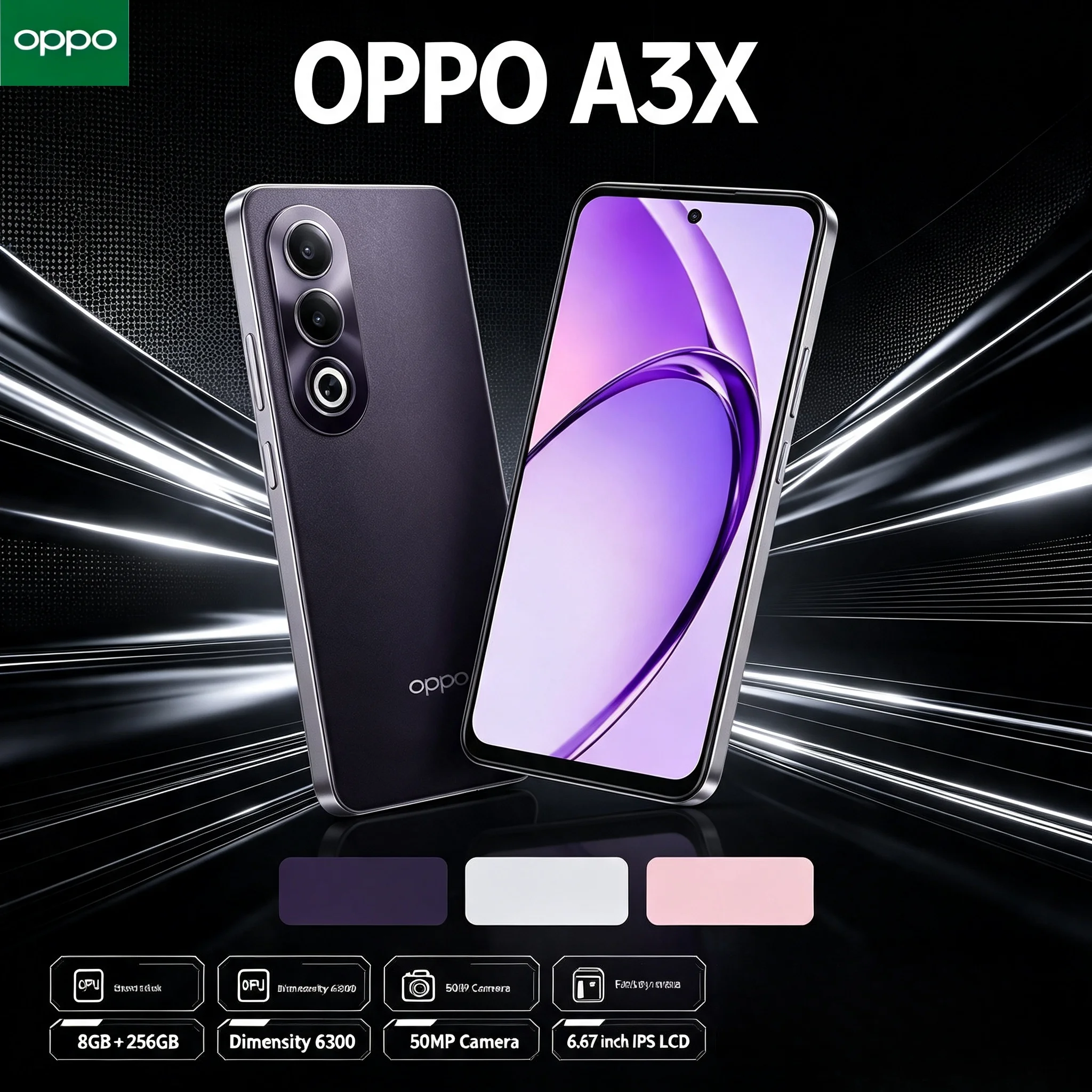 OPPO A3X 2026 new Smartphone - 8GB RAM 256GB ROM Mediatek Helio P35 Octa-Core Processor 6.5' HD+ Display Dual 13MP + 2MP Camera