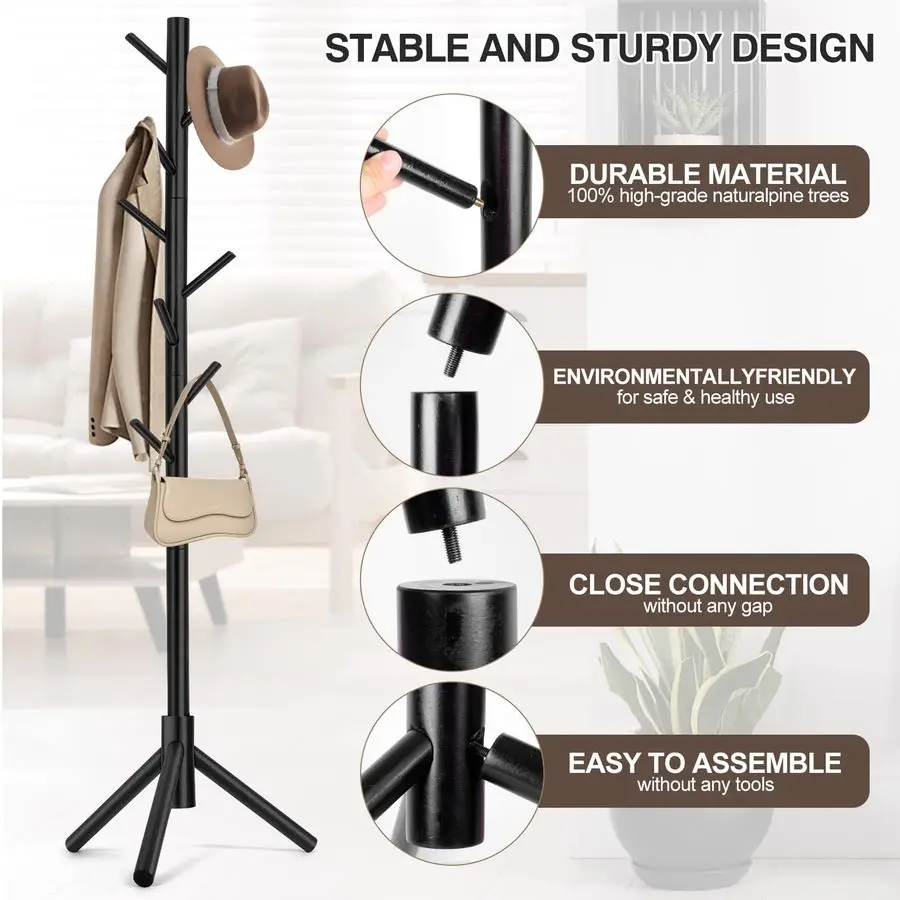 2 PCS Coat Rack, Freestanding Coat Rack with 8 Hooks and 3 Adjustable Size Tree Coat Racks for Bedroom, Hallway, Entrance, Offic