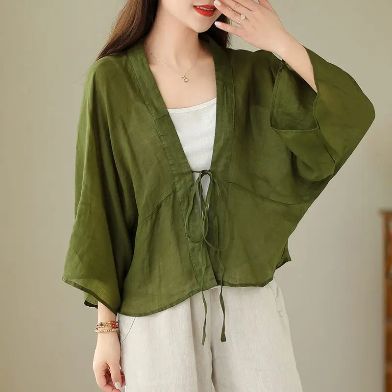 Summer Oversized Loose Bat Sleeves Ramie Cardigan Thin Short Coat Solid V-Neck Lace Up Sun Protection Clothing Women Tops Z1543