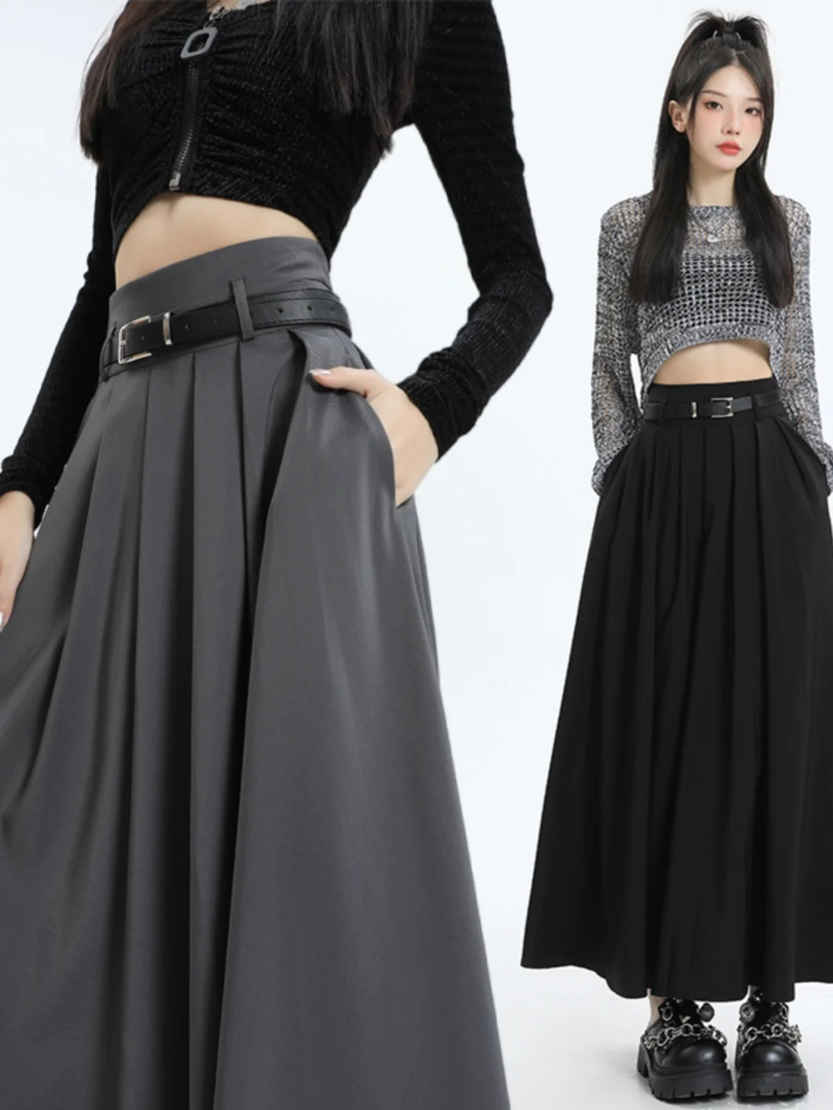 Rok Wanita Musim Semi Gugur Ukuran Kecil Pinggang Tinggi Model A-Line Slim Lipit Rok Panjang dengan Kelim Lebar