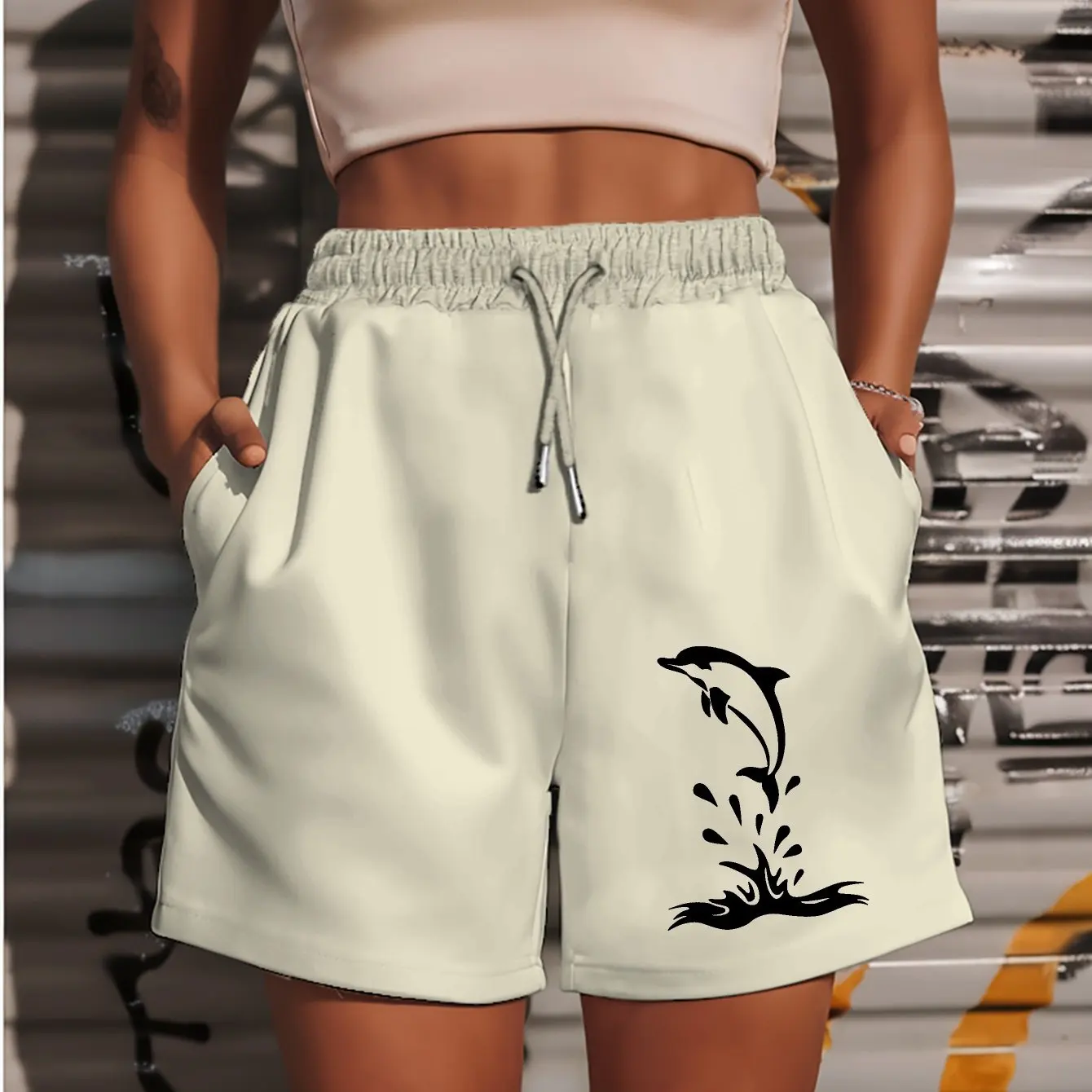 New Women's Summer Casual Medium Length Sports Shorts with Dolphin Jumping Out of The Water Pattern - Fashionable Beach Apparel