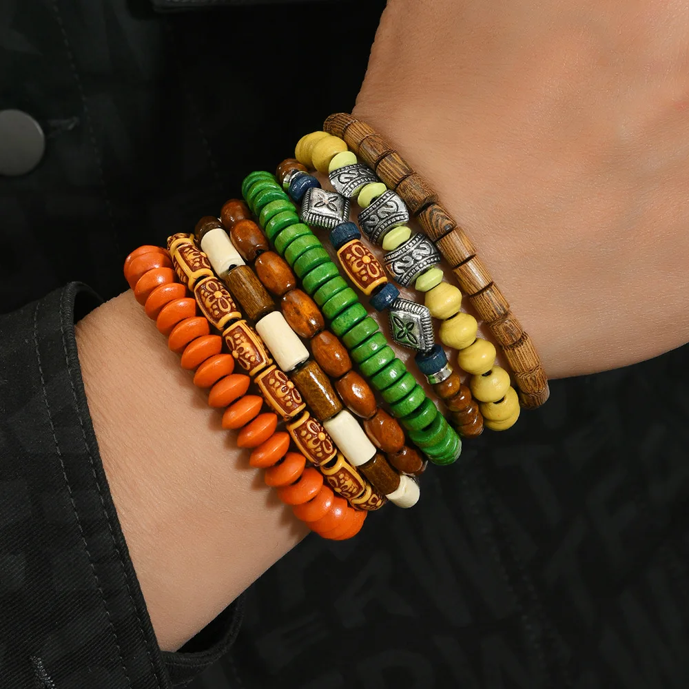 Juego de 8 Uds de pulseras de cuentas de madera para hombres y mujeres, brazalete de cadena con cuentas elásticas con dije de árbol de la vida Vintage, joyería de fiesta diaria de moda