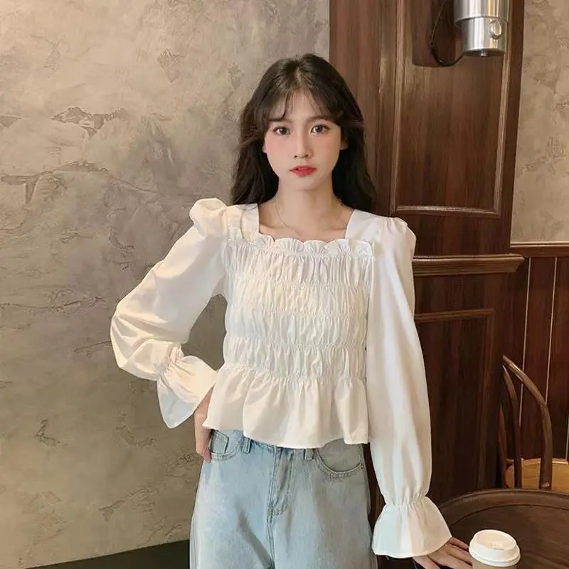 Gentle and Elegant Long Sleeves Shirt for Women\'s Spring Autumn Korean Version Square Neck Ruffled Edges Flared Sleeves Top