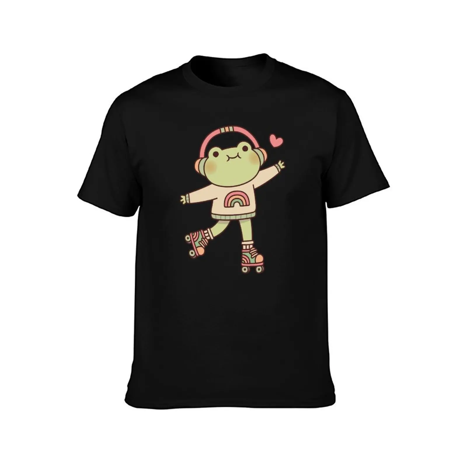Cute Frog With Headphones And Roller Skates T-Shirt, Summer Casual Cotton Tee, Oversized Streetwear Tops, Vintage Graphic Print