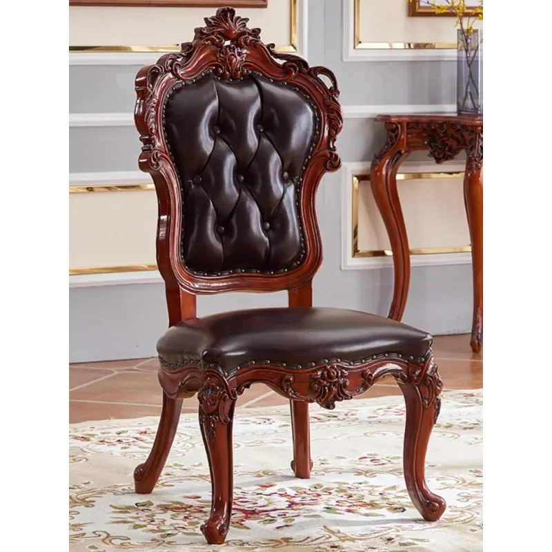 European dining chair American retro rubber wood old solid wood carving flower backrest hotel home book