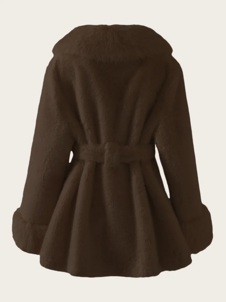 ZMEENNA 女性のエレガントなフェイクファーコートラペル襟長袖冬暖かいアウターベルトぬいぐるみソフトファッションベージュ ZM3354