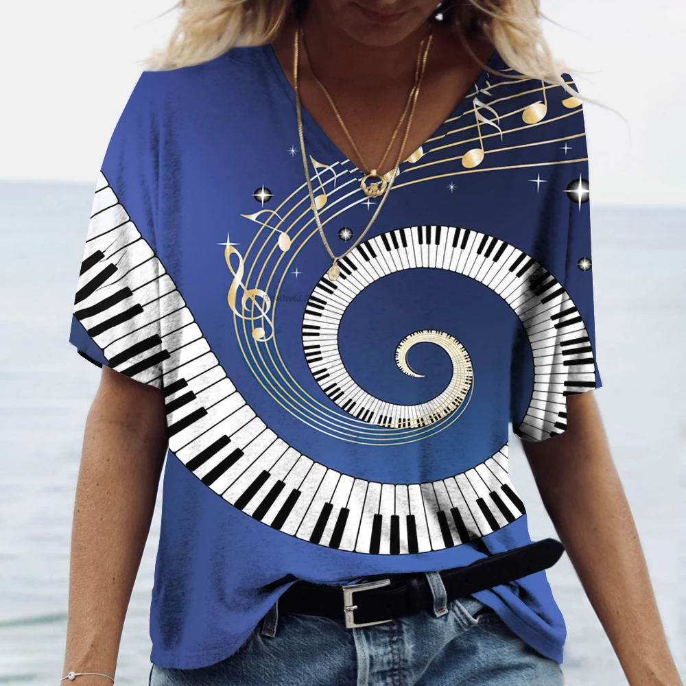 T-shirt imprimé piano musical pour femme, pull à col en V, vêtements Harajuku, t-shirts basiques d\'été à la mode, manches courtes