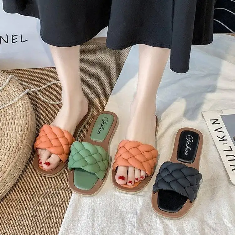 Zapatillas de PVC para Mujer, chanclas planas informales para exteriores, Zapatillas tejidas para interiores, moda de verano