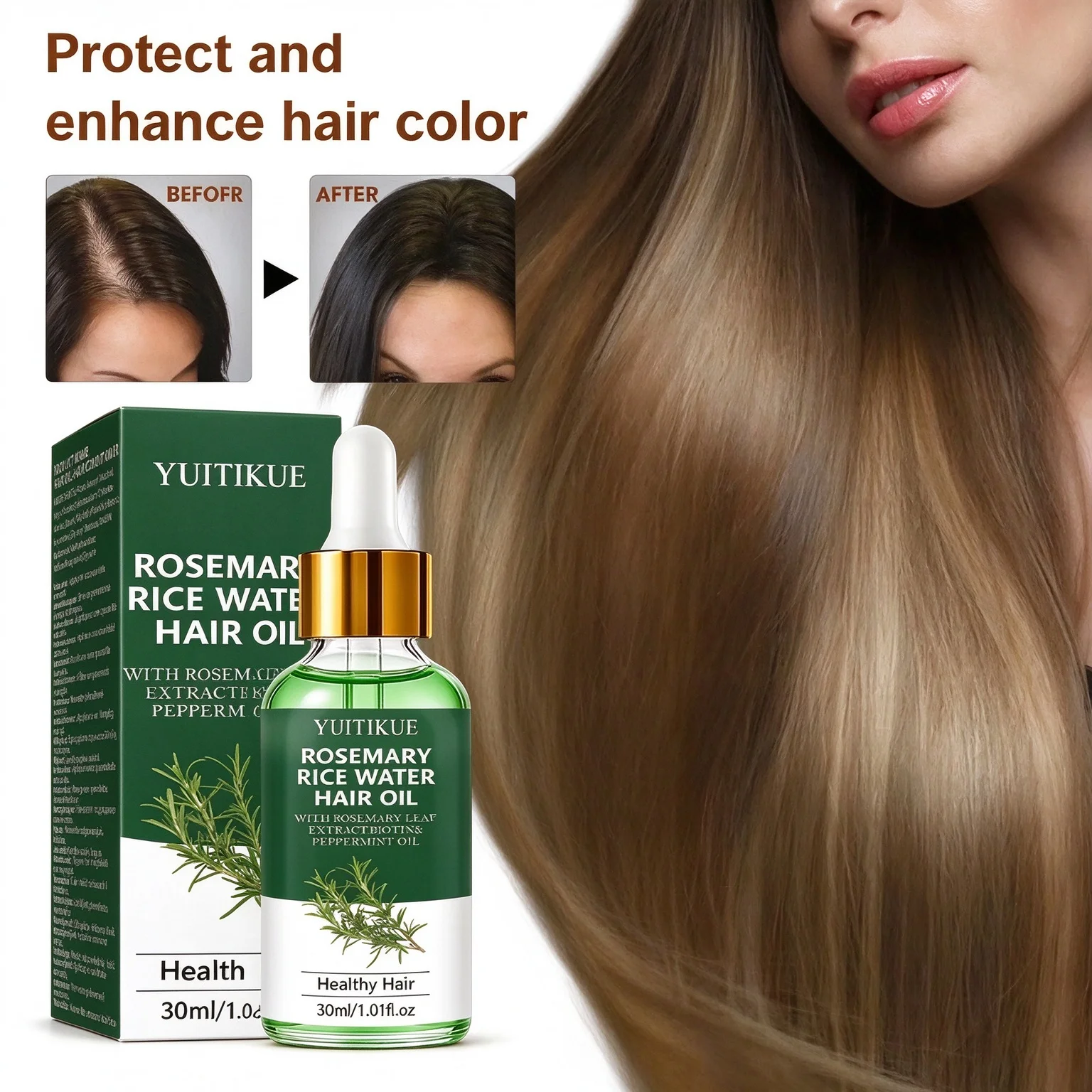 YUITIKUE Rosemary Rice Water Hair Oil Biotin Peppermint Oil Moisturize Scalp Fluffy Smooth Hair Care Serum