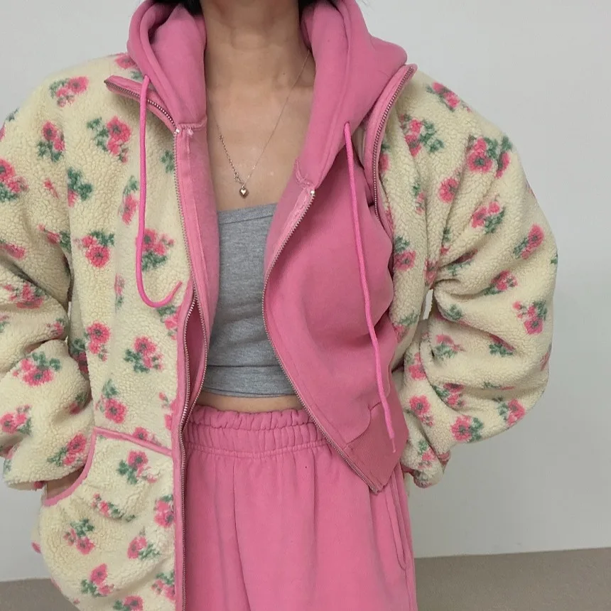 

Sweet Chic Lamb Fur Trimmed Jaet Korean Sle Straight Cut Long Sve Zipper Closure Hooded Coat Warm Plu Outerwear