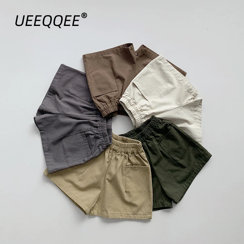 Summer Children Shorts 1-8Y Boys Girls Cotton Pocket Solid Pants Daily Short Trousers Korean Toddler Wear Kids Clothing 2024 New