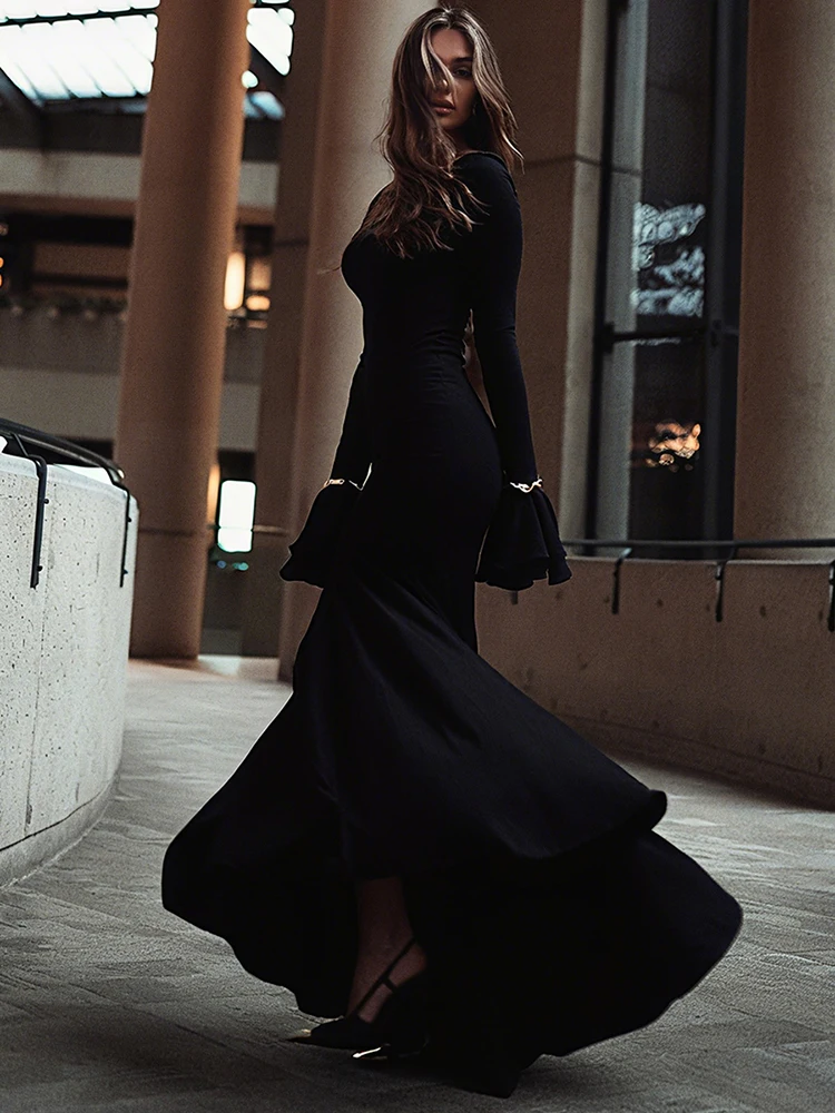 Cutenew vestido clássico feminino gola quadrada retalhos franzido em camadas manga alargamento elegante baile estiramento magro rabo de peixe bodycon