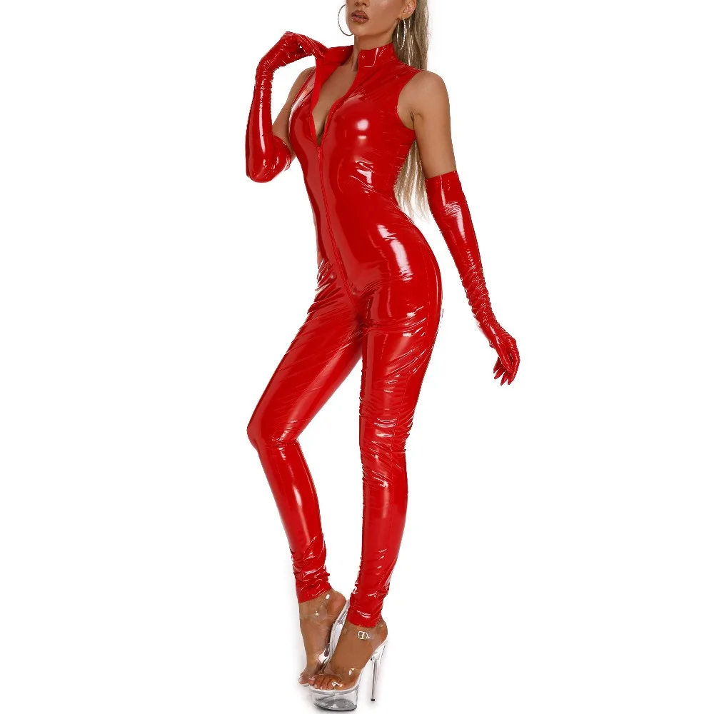 

Ladies Shiny Latex Wet Look PU Leather Bodysuit Women's Zipper Crotch Nightclub Jumpsuit Sleeveless Cosplay Rompers for Woman