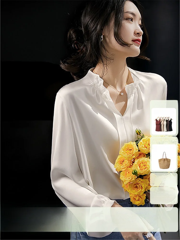 

Шелковистый атласный топ с V-образным вырезом из ацетата, с деревянным декором, в стиле Gentle Wind, женская блузка, приятная к коже, дышащая, с длинными рукавами, стандартный крой.