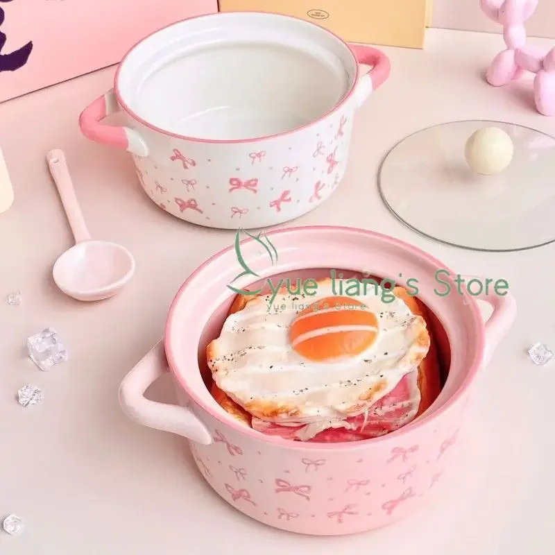 

Pink Bow Double Ear Handle Bowl Ceramic Instant Noodles Bowl with Lid Cute Girl Heart Soup Bowl, High Beauty Household Rice Bowl