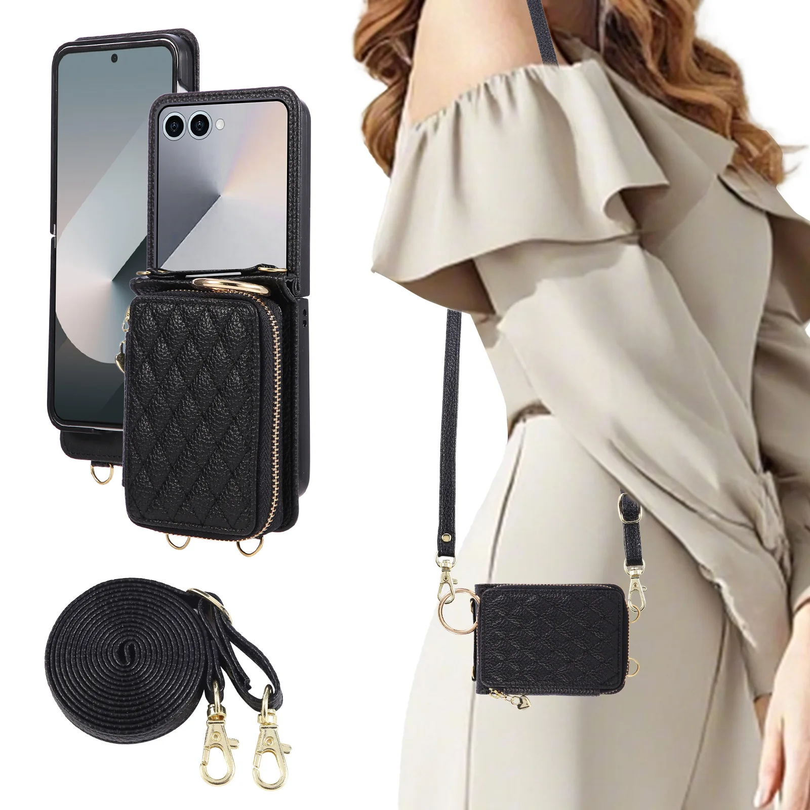 حافظة كروس جلدية عادية متعددة الوظائف لهاتف سامسونج جالاكسي Z Flip 7 FE Flip6 5 4 3 حزام طويل حلقة حامل بطاقة غطاء المحفظة #2