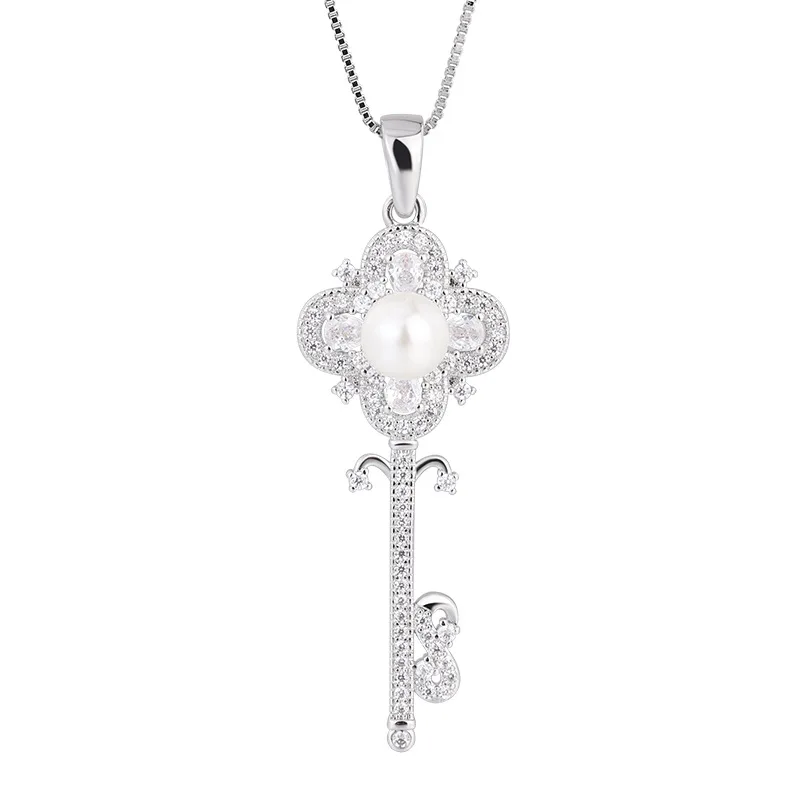 Full Diamond Key Pearl Necklace 7.5mm Accessories Natural Pearl Choker Pendant Wholesale