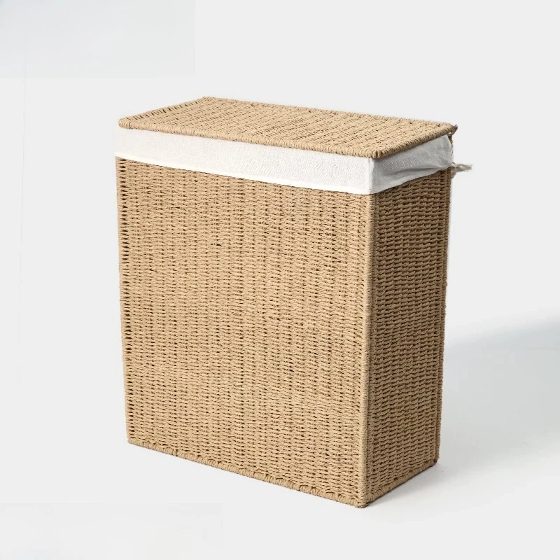 Handmade Paper Rope Woven Dirty Laundry Basket with Lid Handle, Dust-proof, Removable Inner Lining, Heightened Folding