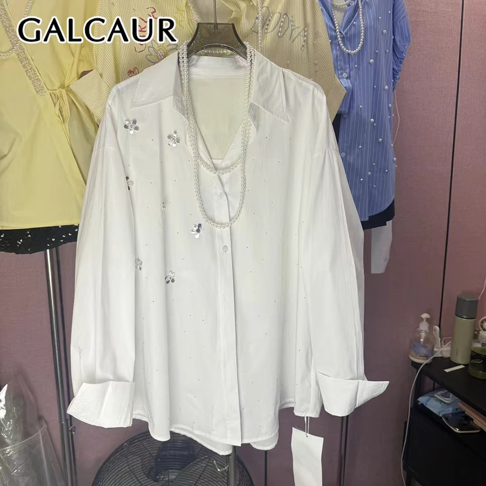 

GALCAUR Solid Loose Spliced Appliques Shirts for Women Lapel Long Sleeves Patchwork Single Breasted Casual Shirt Female Fashion