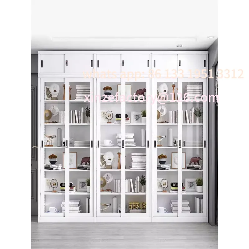 

Bookcase sliding door display cabinet sliding door iron storage locker steel lock floor bookshelf