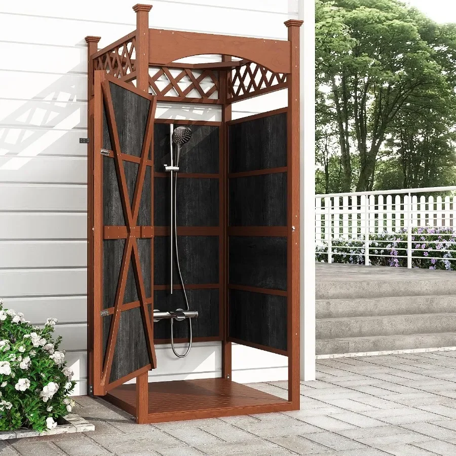 Outdoor Shower Enclosure with Shower Mat, Solid Wood Privacy Outside Shower Stall, Outdoor Changing Room for Pool Wash Station,