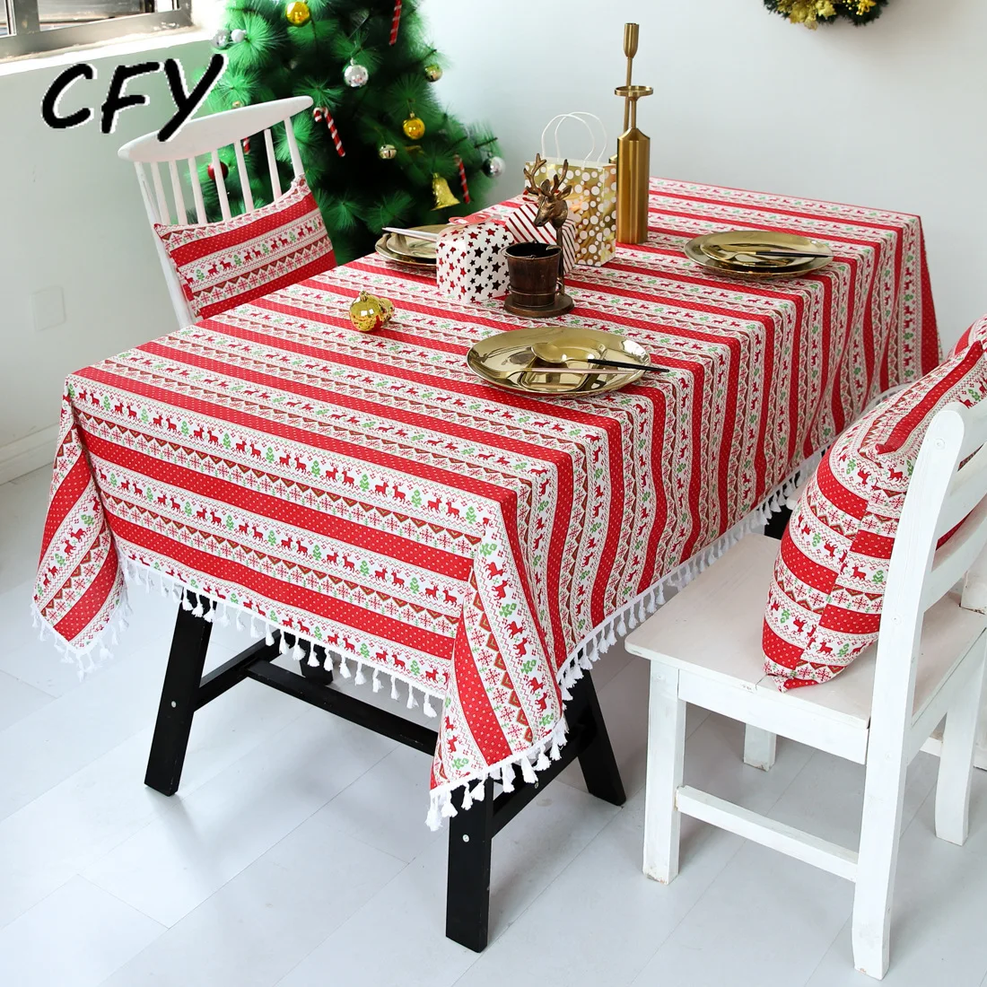 

Christmas Art Deer Pattern table cover Cotton Linen Rectangular Tablecloth Home Coffee Dining Table Fireplace Microwave Cover