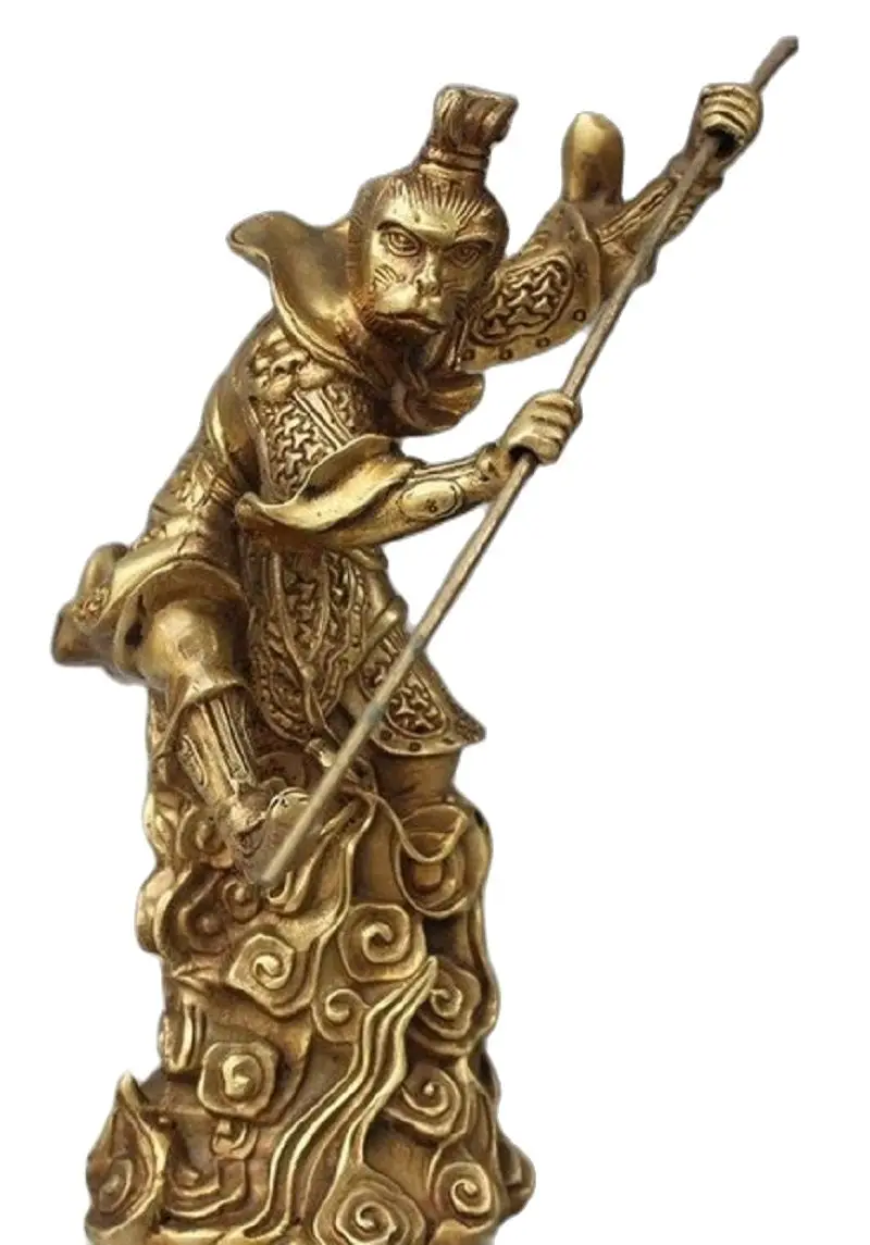 

22CM 9" Chinese Brass Myth Handsome Monkey King Sun WuKong Hold Golden Cudgel Statue