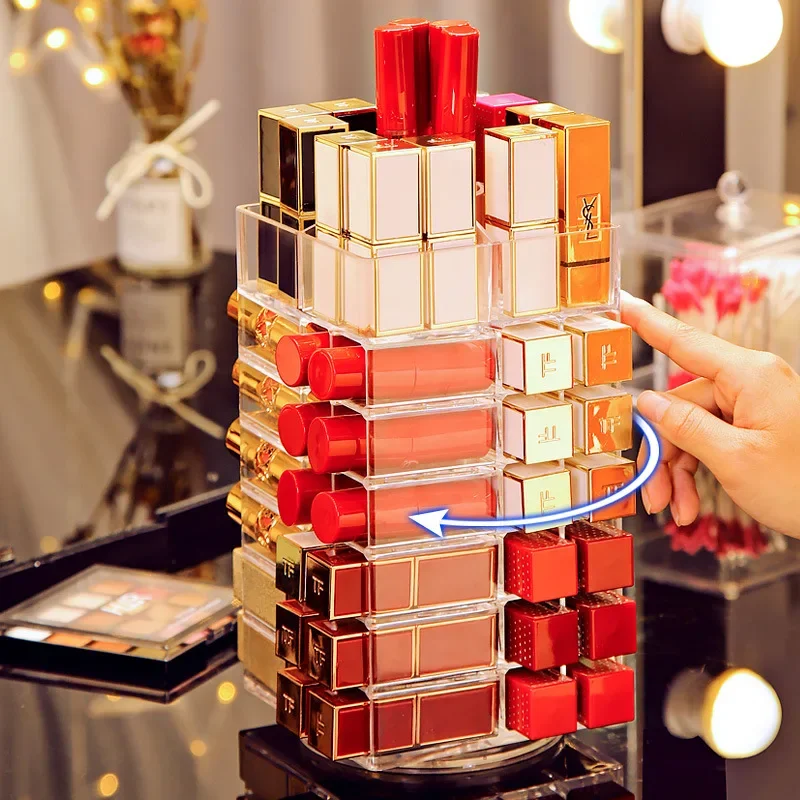 53 Lattices Acrylic Lipstick Tower 360 Degree Rotating Makeup Lip Gloss Storage Rack Nail Polish Organizer Cosmetic Display Case
