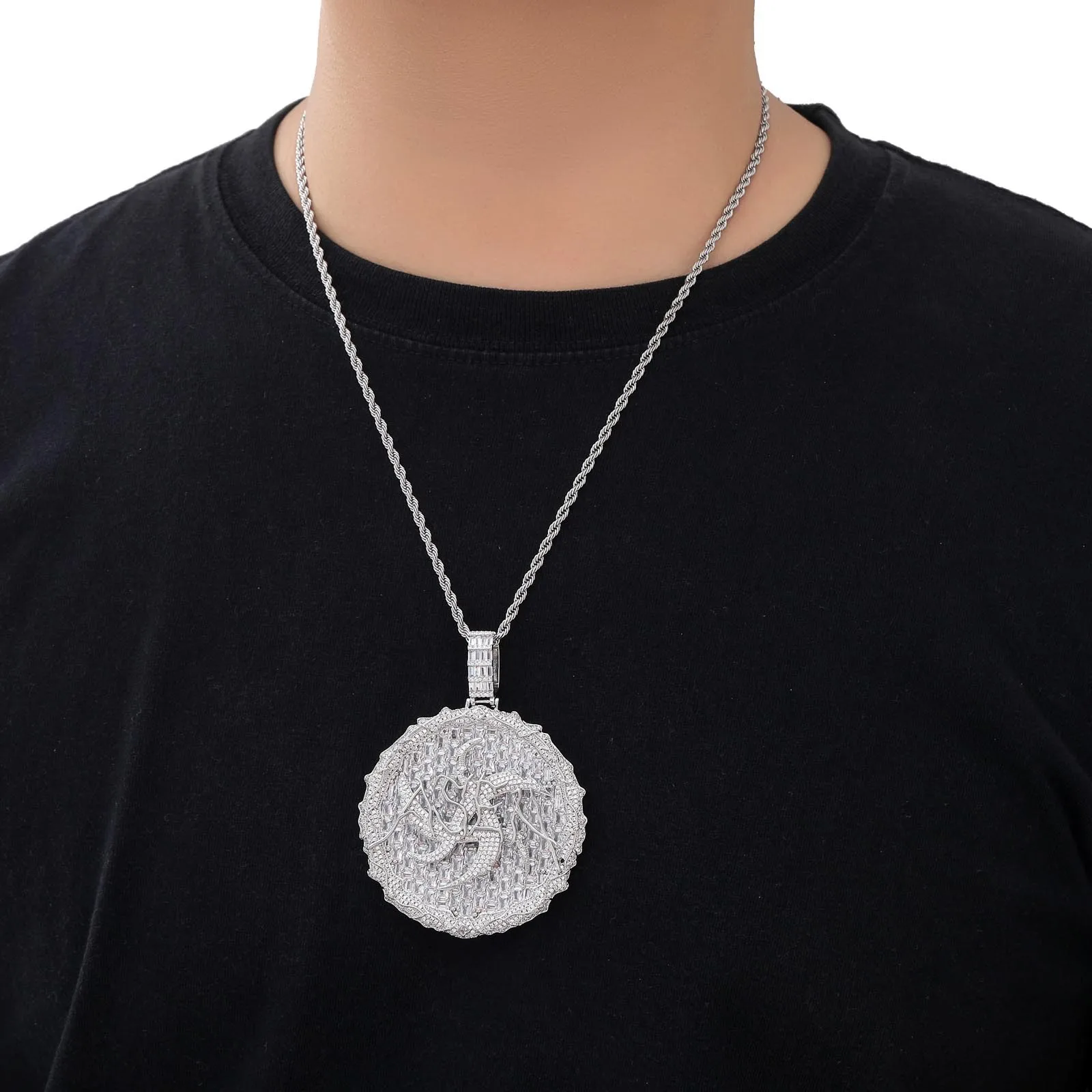 Fashion Hip Hop Letter ASEN Disc Necklace Bling T Cubic Zircon Large Disc Men's Hiphop Pendant