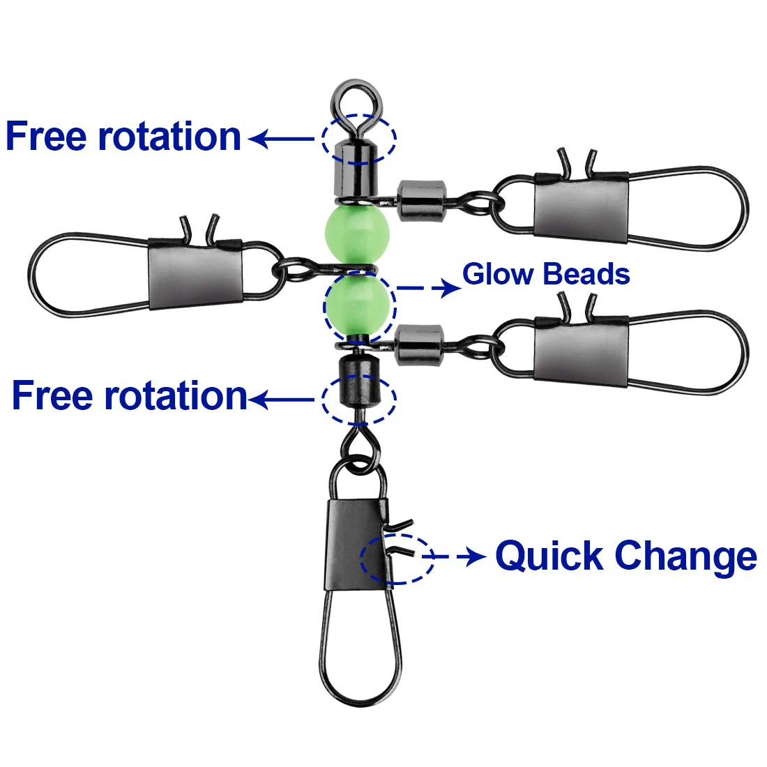 10pcs 3 Way Swivels T Shape Cross Line Swivel with Glow Beads for Surf Fishing Connector Swivels Interlock Pin