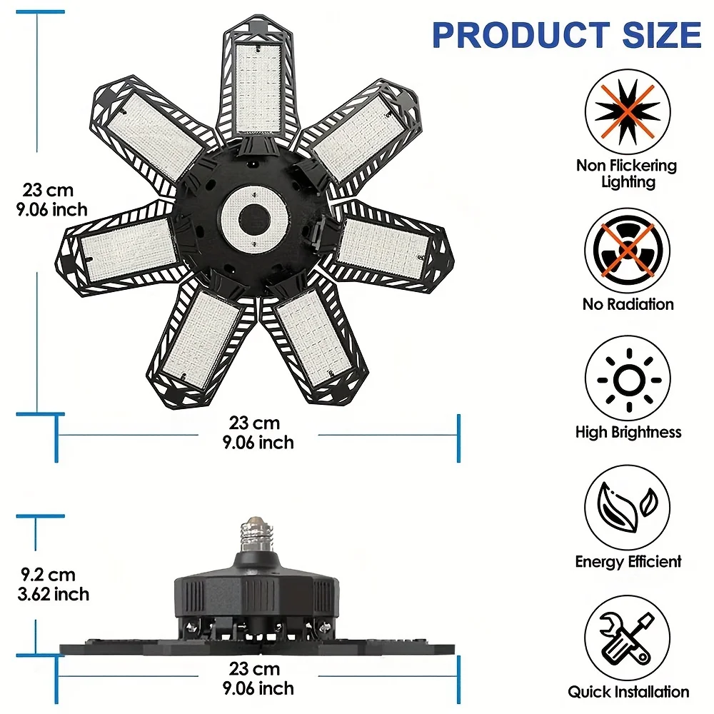 1/2/4pcs Deformable LED Garage Light with 7+1 Adjustable Panels E26/E27 LED Bulb Night Lamp for Warehouse Shop Ceiling Lighting