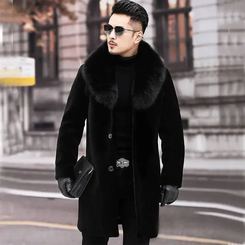 Faux Mink Fur Overcoat Fleece-Lined Thickened Winter New Men Long Section Imitation Fur Coat Fashion Large Size Hooded Parkas