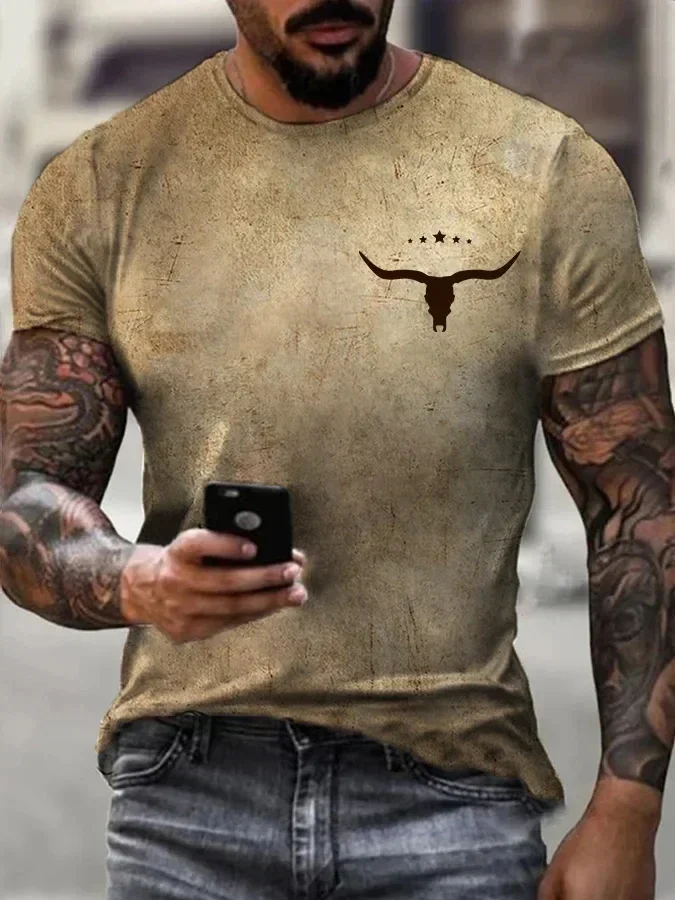 2023 Summer Men's Printed Casual Crew Neck Short Sleeve T-Shirt Vintage Wild West  3D Printed T Shirt