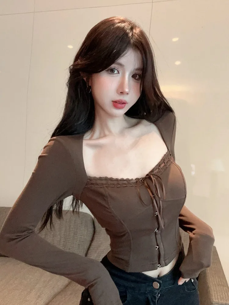 

Autumn Winter Unique Short Backless Square Collar Sweet And Spicy Women's Base Shirt Inner Wear Fitted Korean Style Long Sleeve