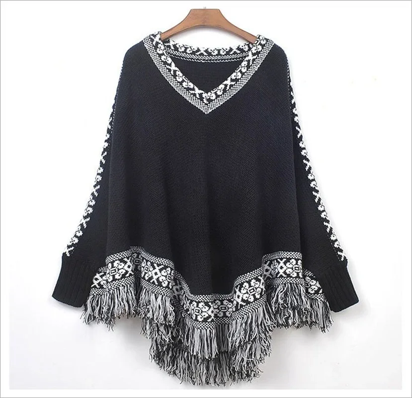 

2024 Fall/Winter Women's Bat Sleeve Loose Pullover Fringed Hem Cloak Casual Top Women's Knitted Sweater Cloak Women Cape Sweater