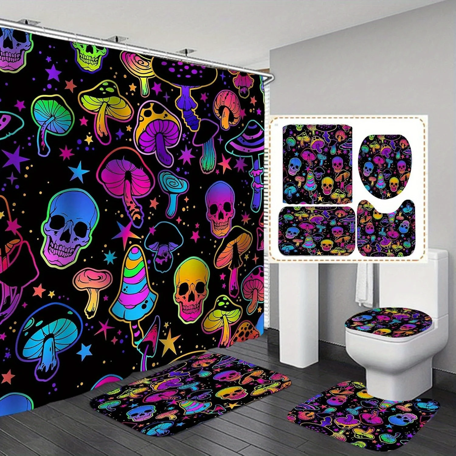 

Набор для ванной комнаты Trippy Mushroom & Skull из 4 предметов — психоделическая занавеска для душа, чехол для унитаза и коврики, декор в стиле хиппи, художественный подарок