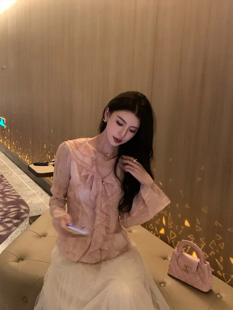 

Розовая женская блузка с цветочным принтом, длинным рукавом и V-образным вырезом, приталенная, весенняя, новая модная модель для офиса, дышащая, из полиэфирного волокна