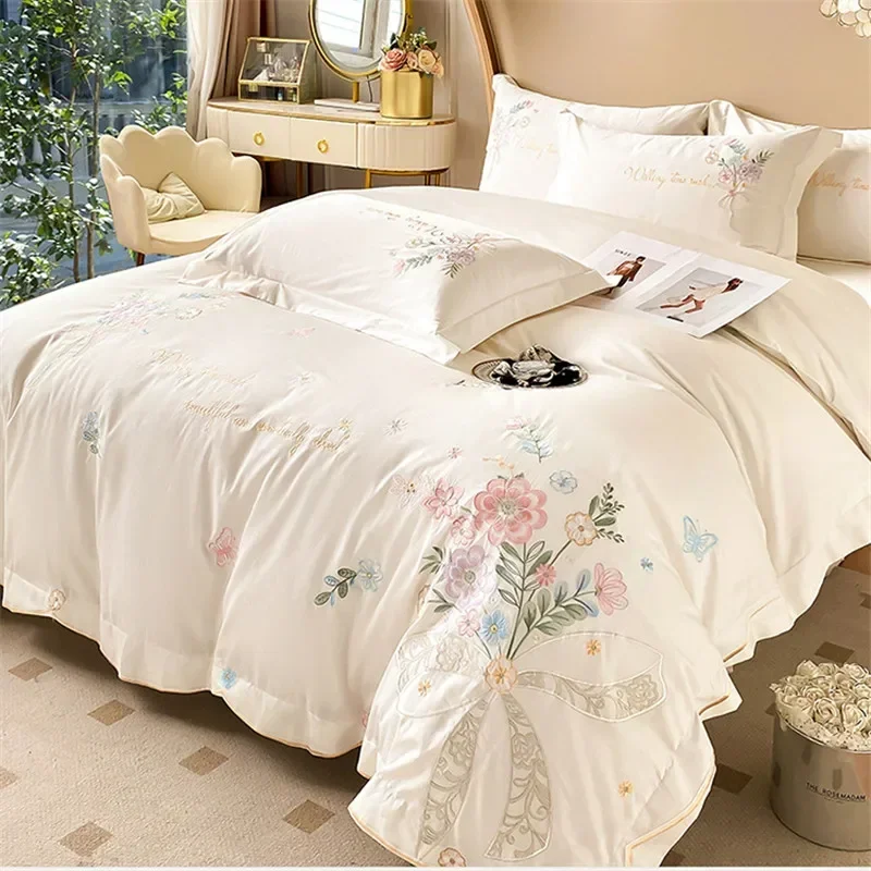 Chic Flowers Embroidery Bedding Set Luxury Long Staple Cotton Duvet Cover Set Bed Sheet and Pillowcases King Size Bedding Set