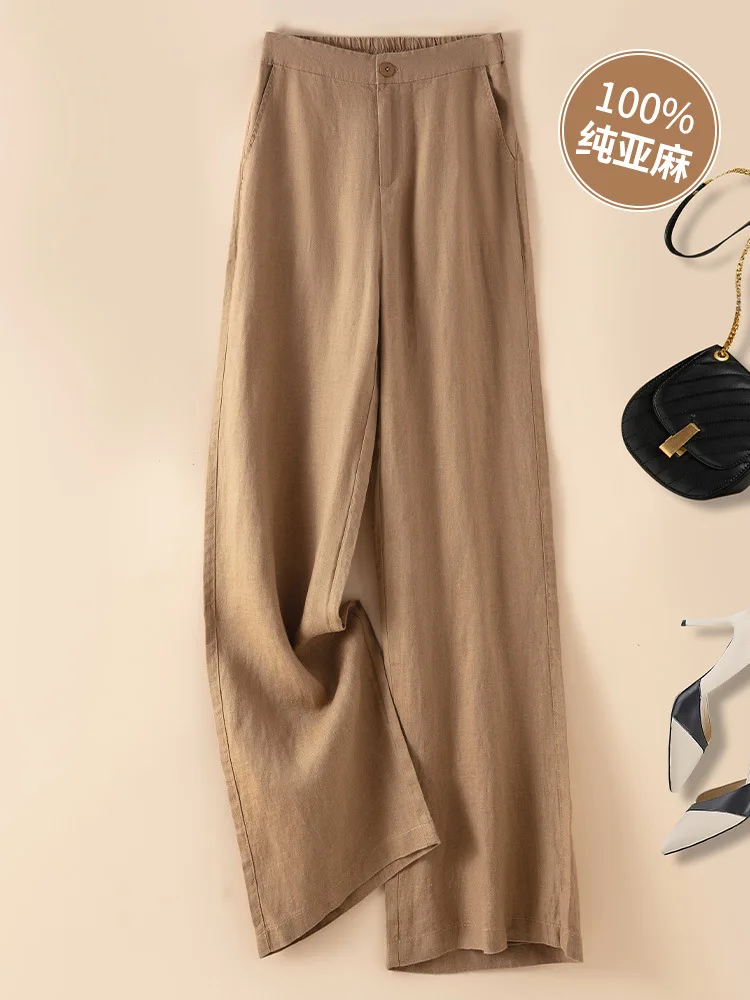 

Women's 100% Pure Linen Wide-Leg Pants Loose Drape Ankle Length Summer Thin Straight-Cut Casual Trousers