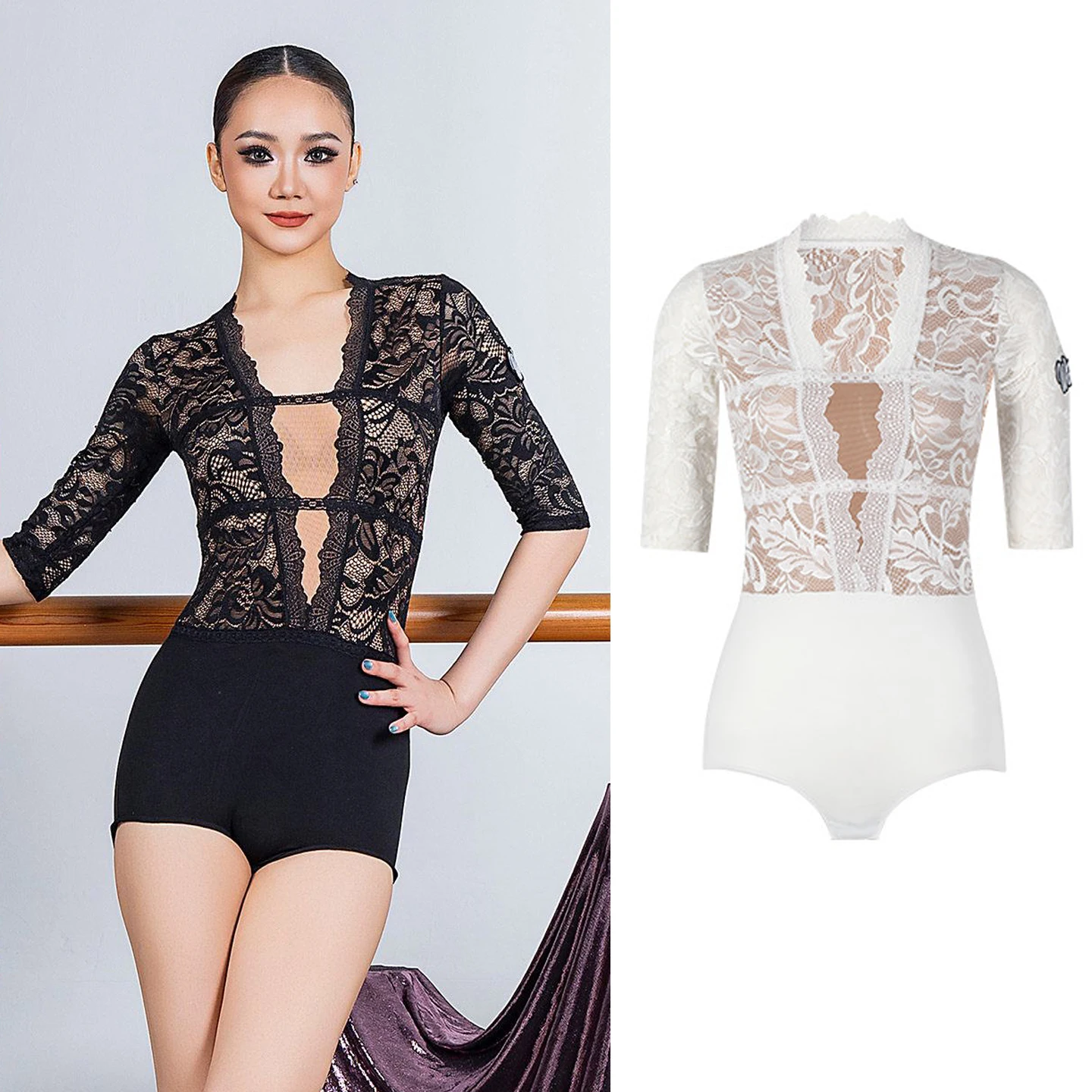 

Женские купальники для латиноамериканских танцев 2026: Белые и черные кружевные топы с короткими рукавами для взрослых, одежда для бальных танцев и вальса, модель DNV26558