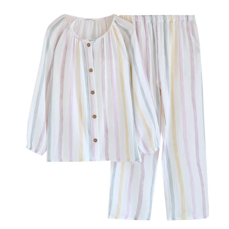 Wiosenny zestaw pidżama z długim rękawem z gazy bawełnianej z okrągłym dekoltem w kolorowe paski piżama dla kobiet luźne i swobodne długie spodnie
