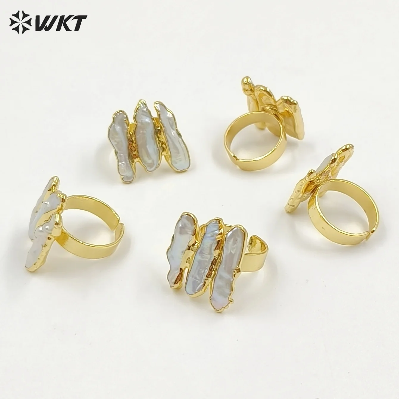 WT-R305 Three Bar Of Different Shape Freshwater Pearl With Gold Dipped Adjustable Ring Women Elegant Jewelry Ring