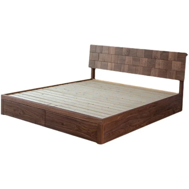 

Nordic all solid wood black walnut storage double bed, modern simple high box storage bed